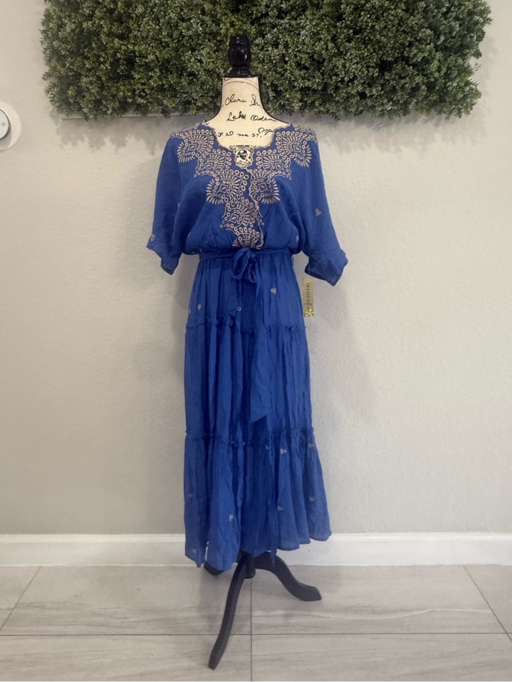 Figueroa & Flower Royal Blue Embroidered Tiered Boho Maxi Dress M NWT